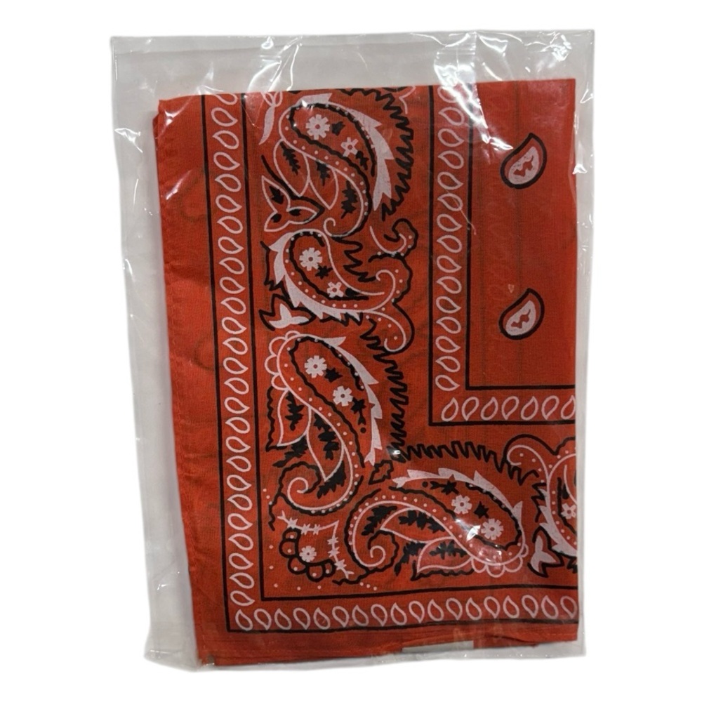 Unbranded bandana in orange, white, and black colors, new in plastic packaging!